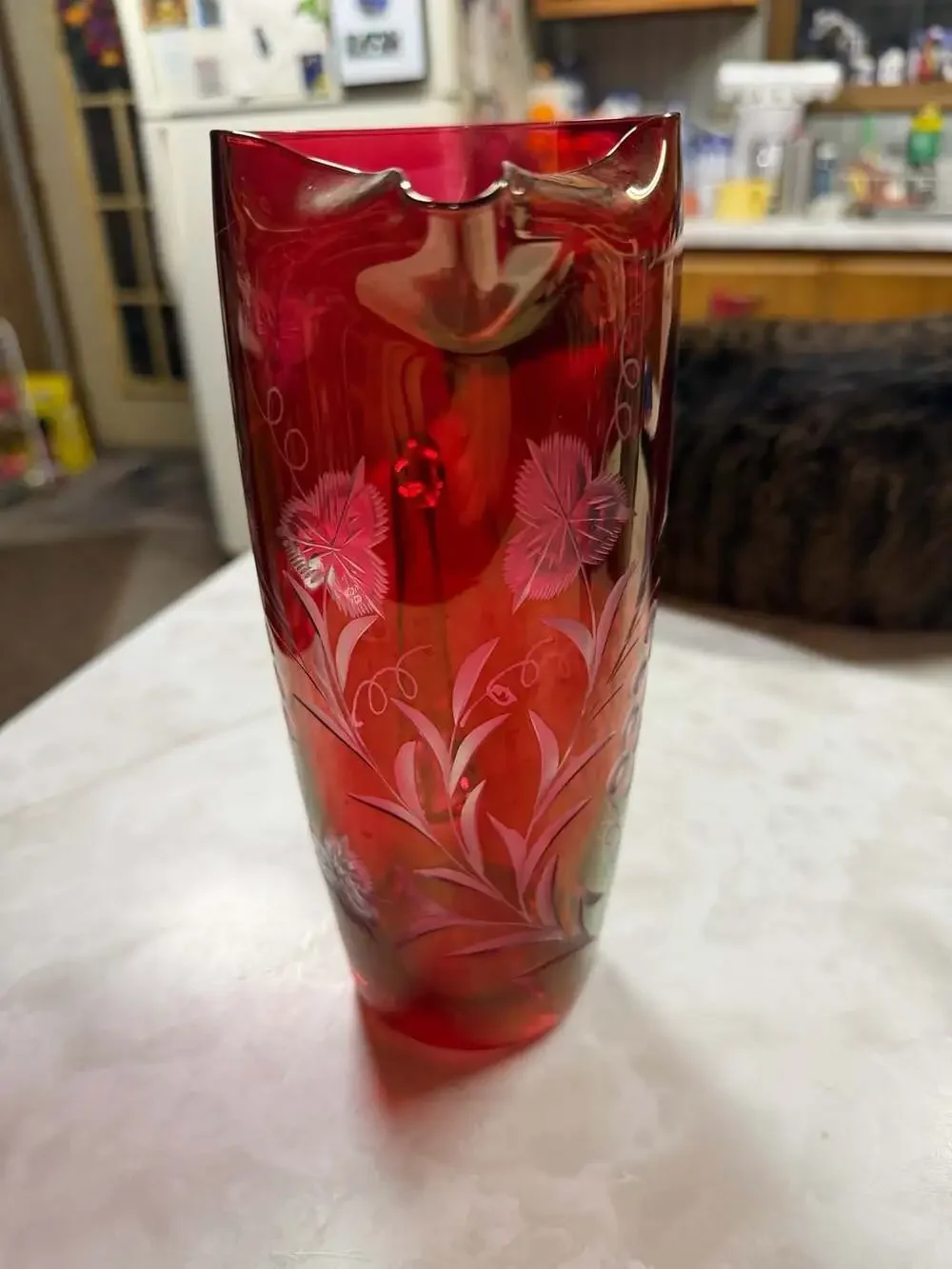 Vintage Ruby Red Glass Pitcher With Frosted Grape-And-Vine Motif And Clear Appli